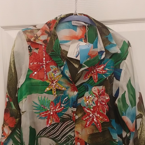 Floral Duster/Coverup with Sequin Embellishment Made in Capris, Italy NWT - Picture 4 of 8